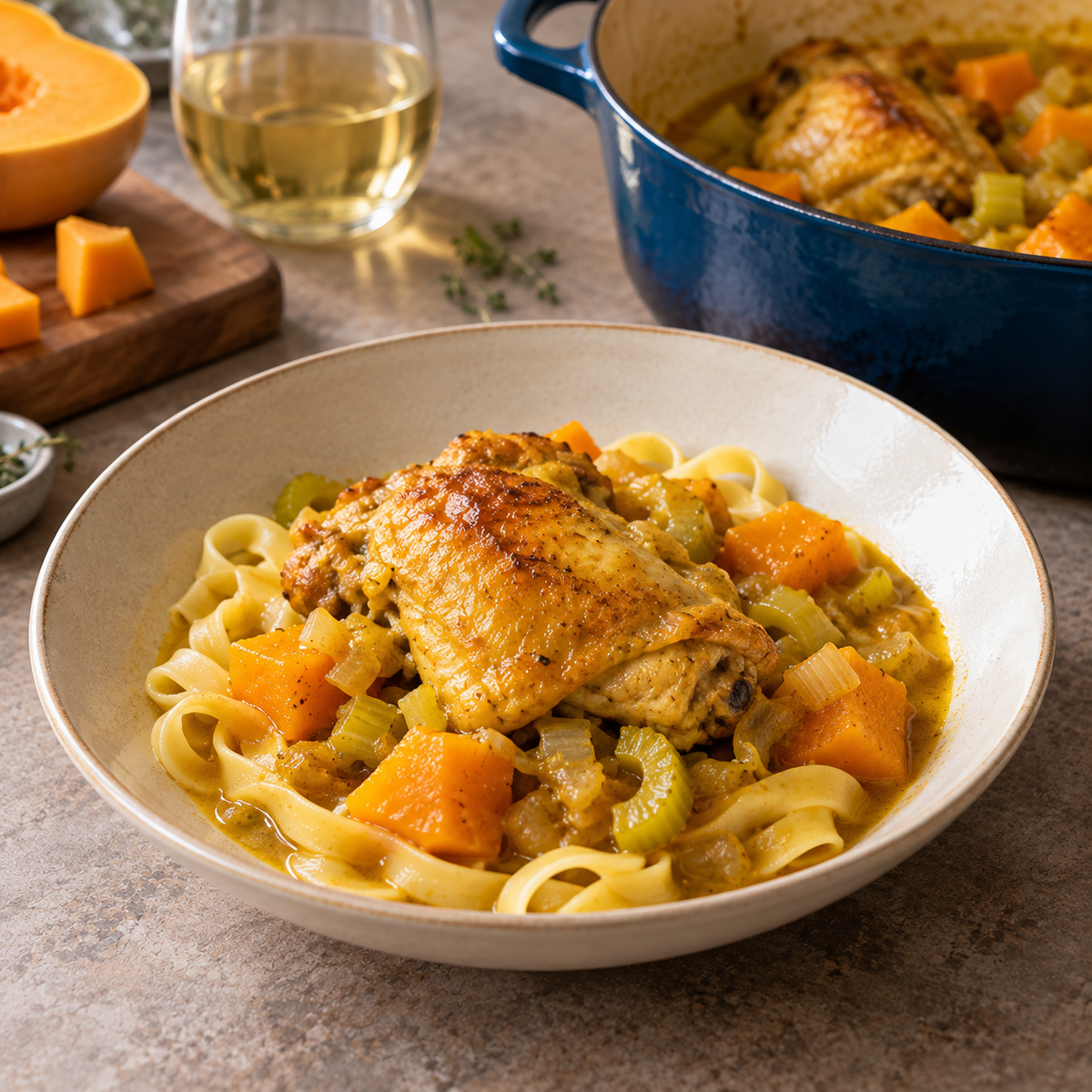 Poulet mijoté à la courge et au curcuma