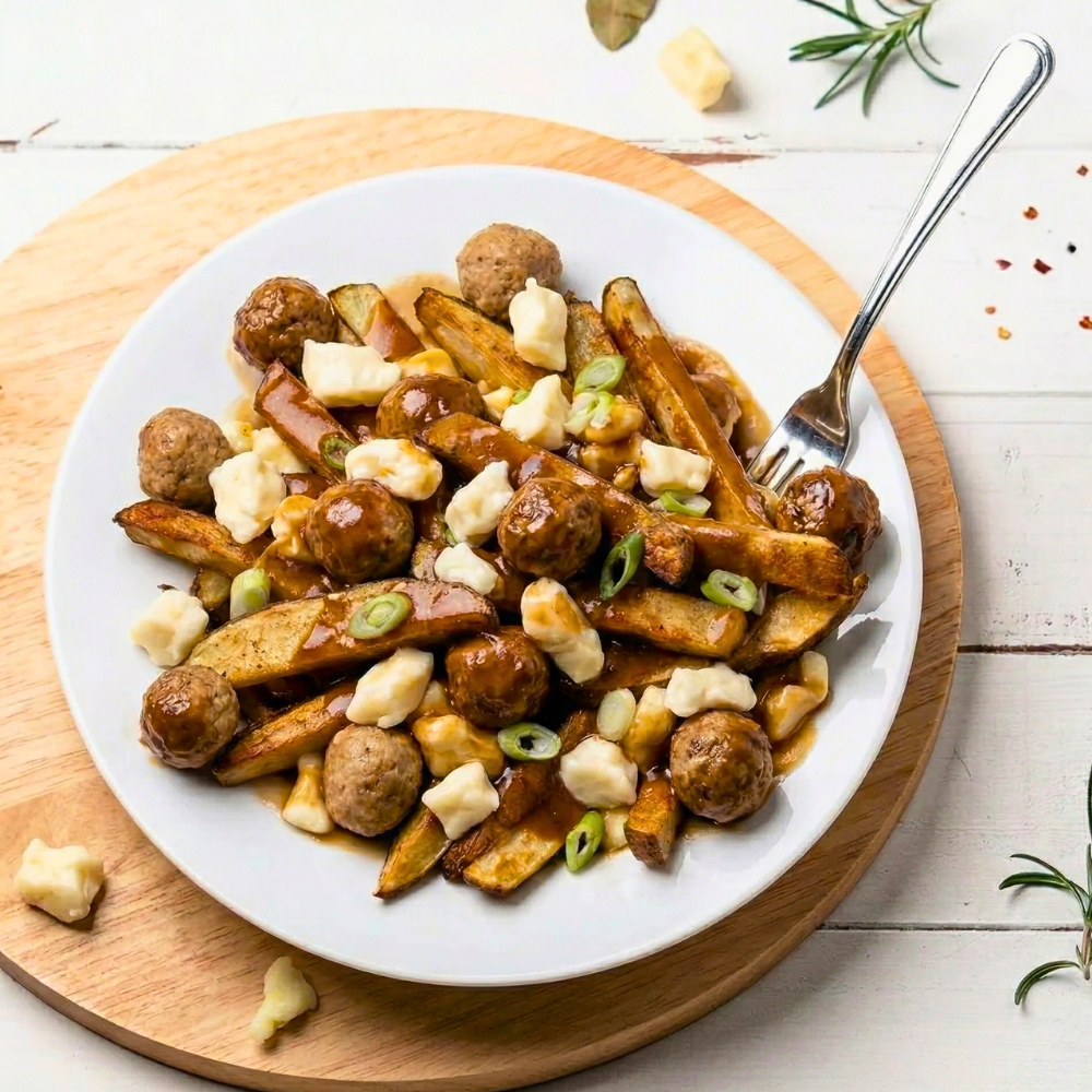 Poutine cochonne aux boulettes de porc