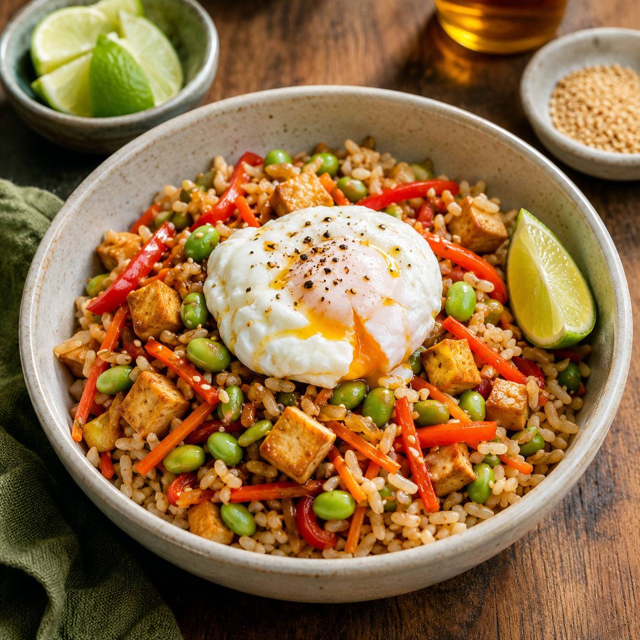 Riz brun sauté au tofu, edamames et œuf poché