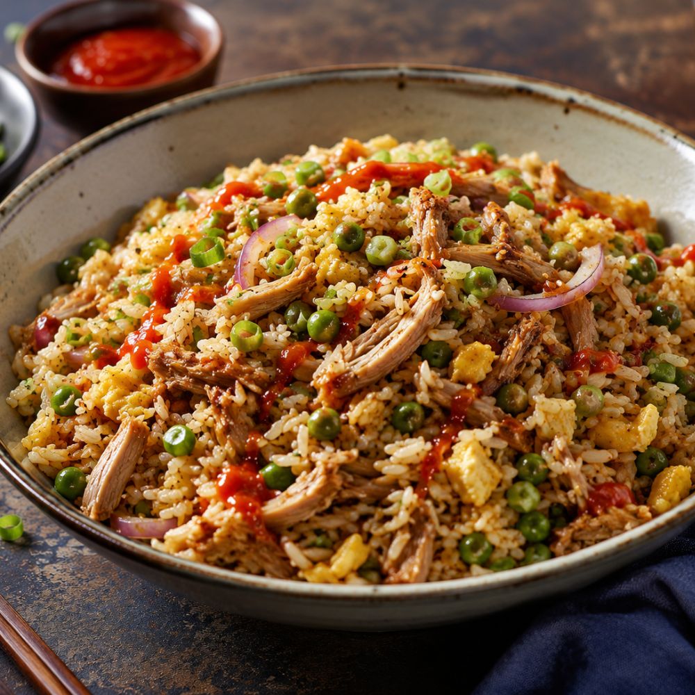 Riz frit au porc effiloché