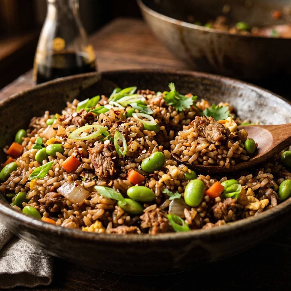 Riz frit au porc haché et edamamé