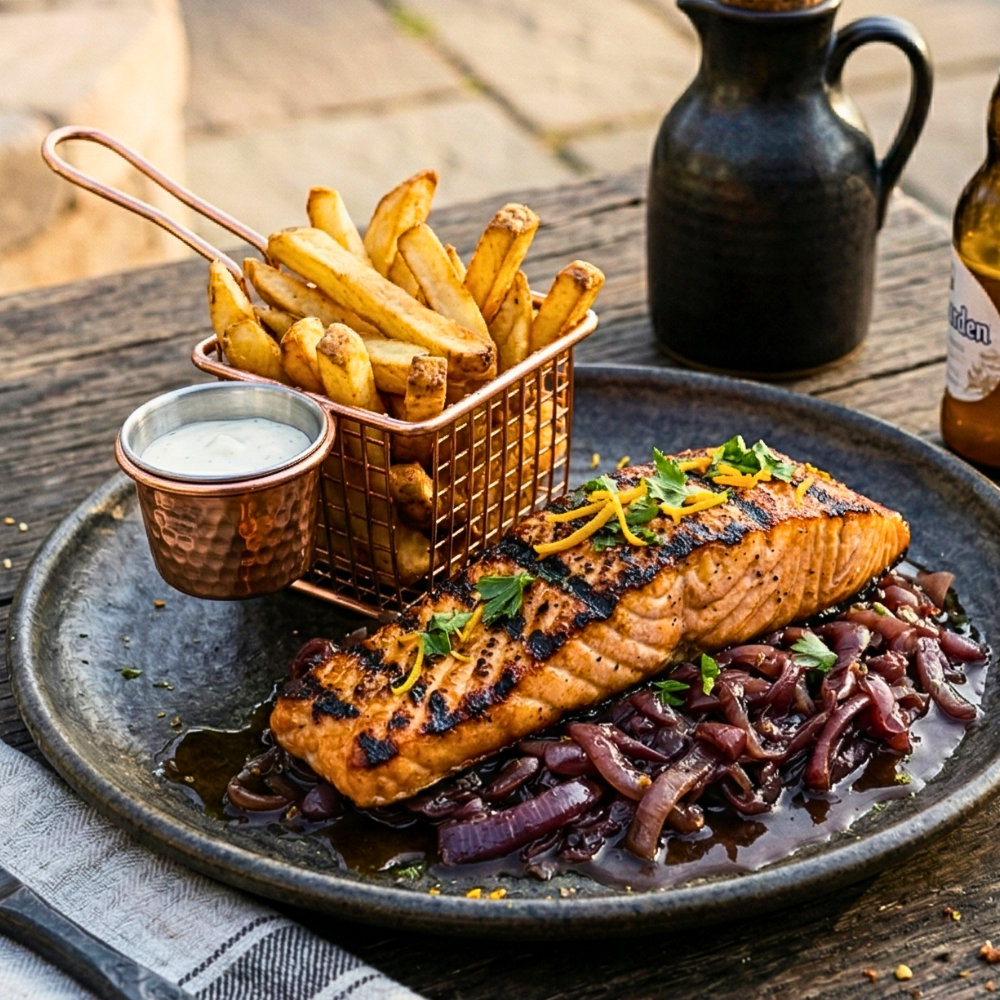Saumon grillé et oignons compotés à la hoegaarden
