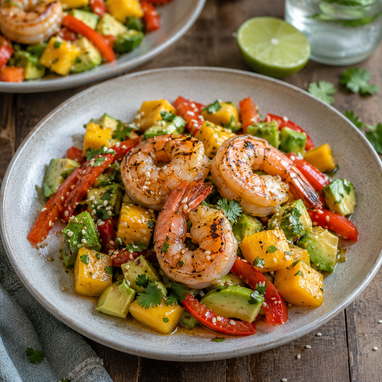 Salade avocat, mangue et crevettes grillées