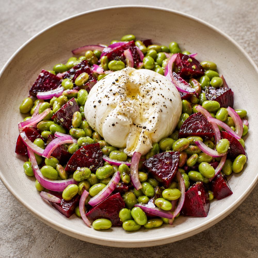 Salade d’edamames, burrata et betteraves