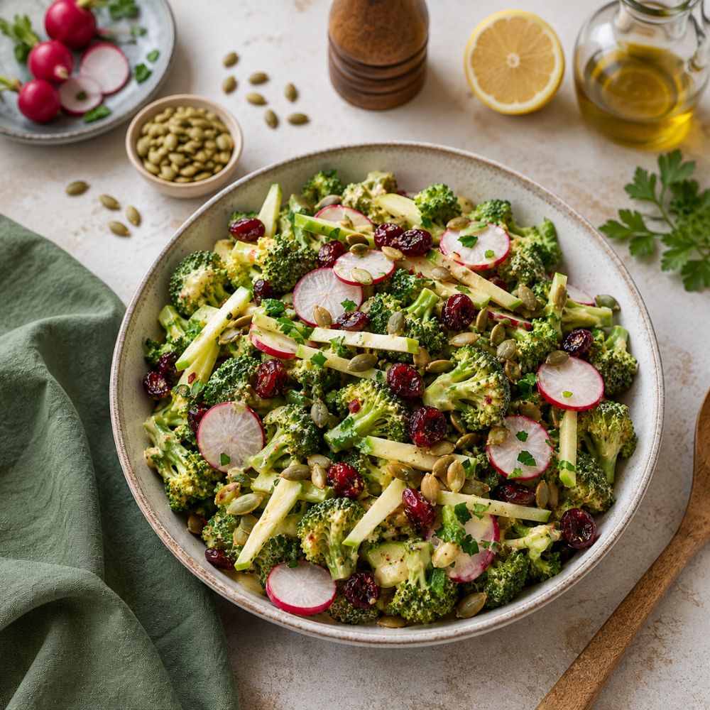 Salade de brocolis, graines de citrouille et canneberges