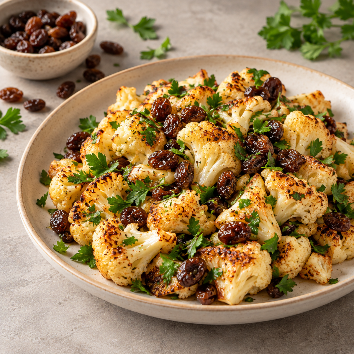 Salade de chou-fleur rôti, raisins secs et persil frais