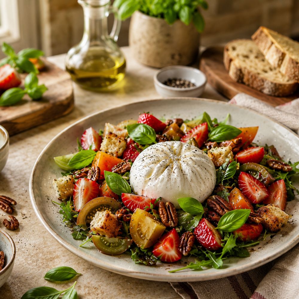 Salade de fraises et tomates avec burratta