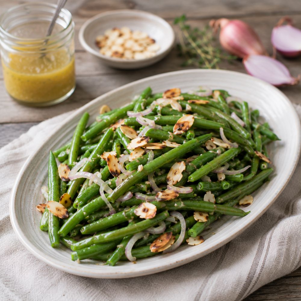Salade de haricots verts, échalotes et vinaigrette à la moutarde