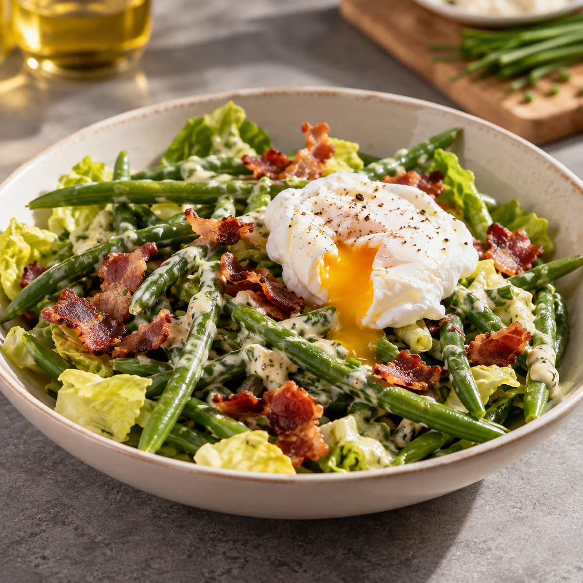 Salade de haricots verts et œuf poché