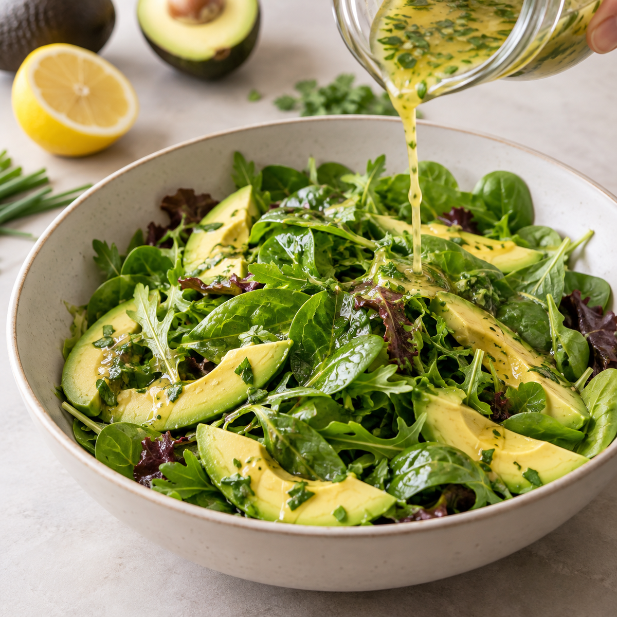 Salade de jeunes pousses, avocat et vinaigrette aux herbes