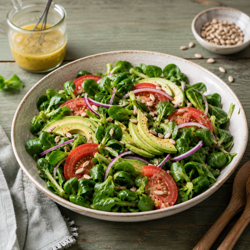 Salade de mâche, avocat et vinaigrette au citron