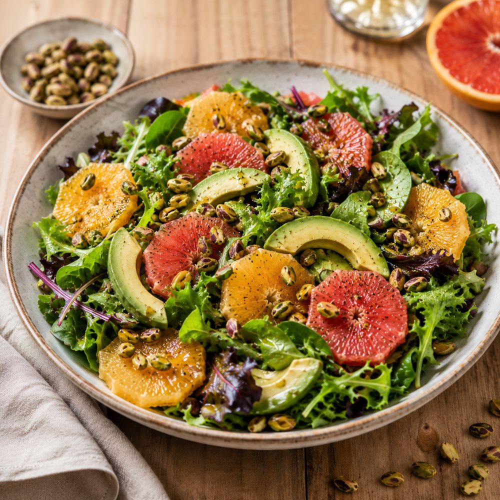 Salade de mesclun aux agrumes et pistaches