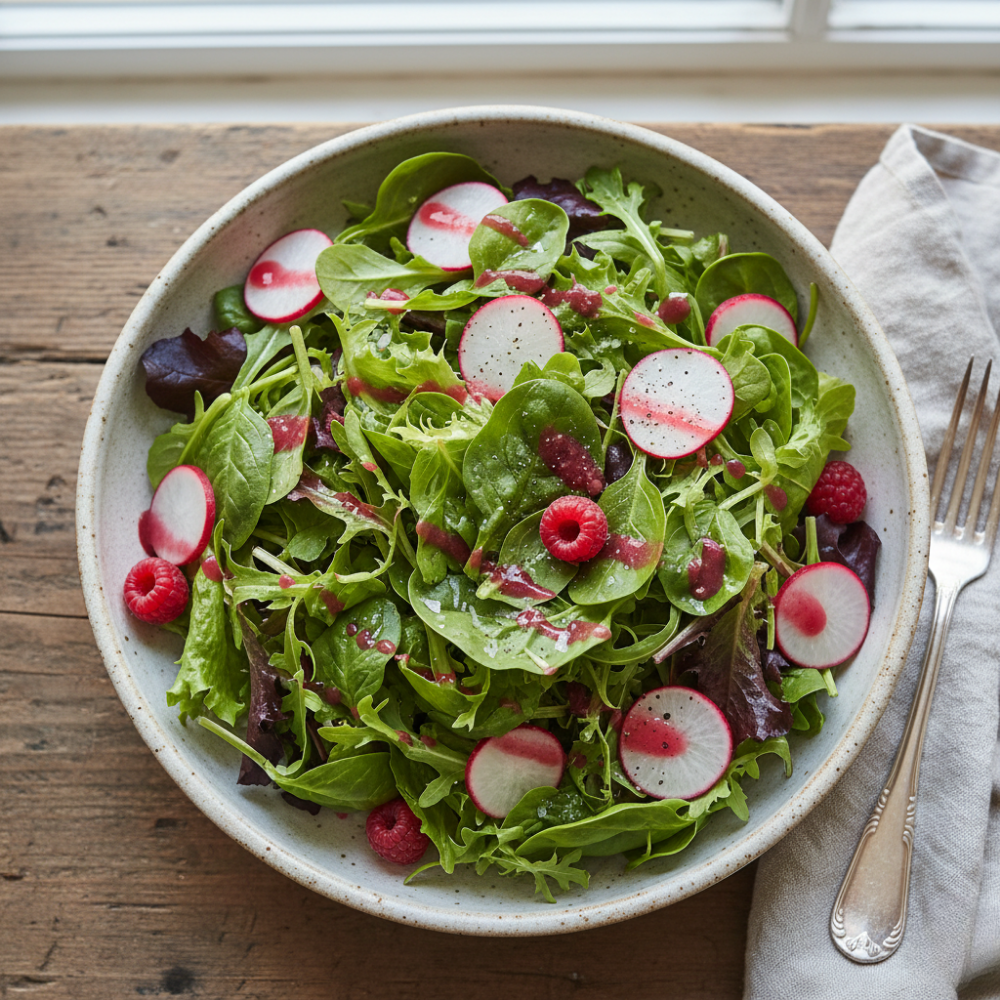Salade de mesclun, radis et vinaigrette au vinaigre de framboise