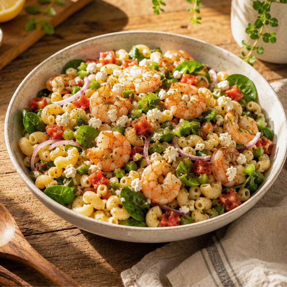Salade de pâtes méditerranéenne aux crevettes