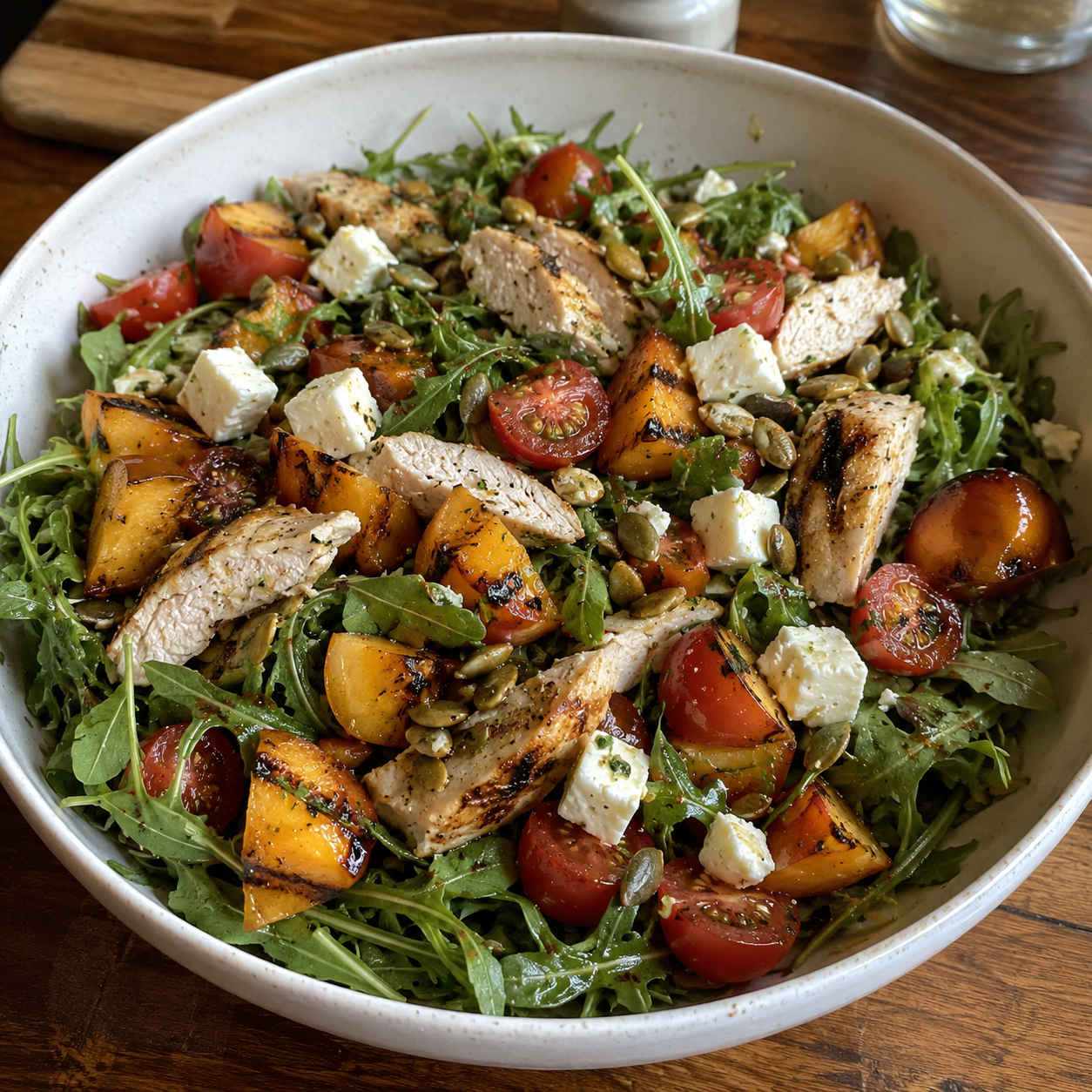 Salade de pêches grillées, poulet et fêta