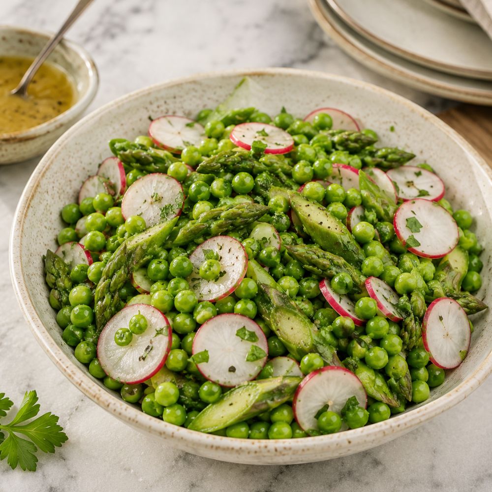 Salade de pois verts, radis et vinaigrette à la moutarde