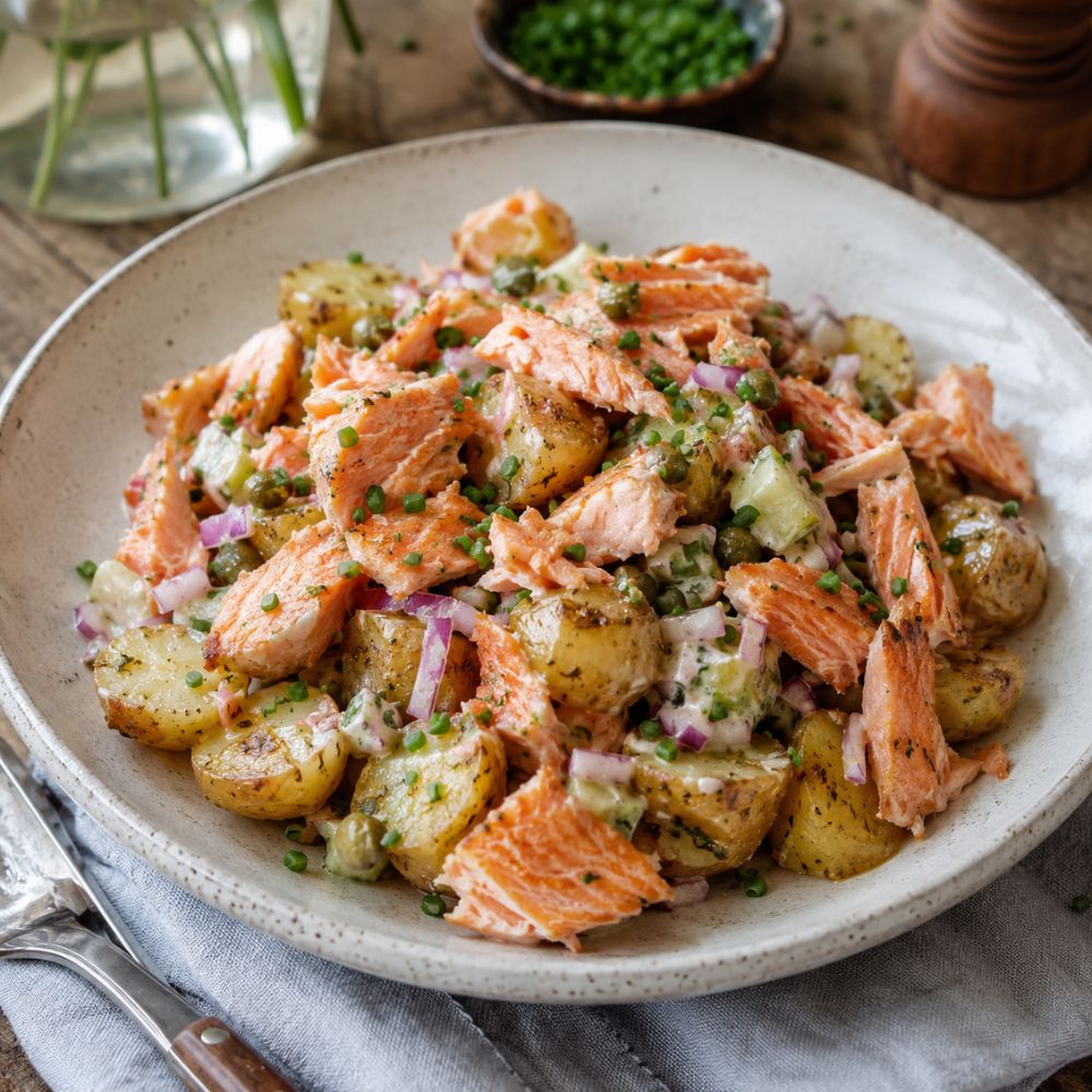 Salade de pommes de terre et saumon fumé à chaud