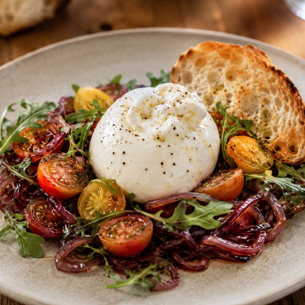 Salade de tomates, burrata et oignons compotés au vin rouge