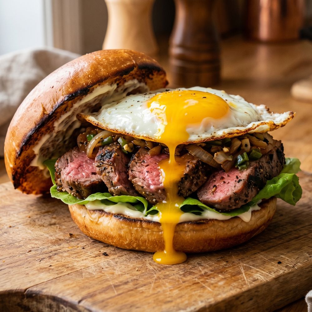 Sandwich brunch au bifteck de surlonge et œuf coulant