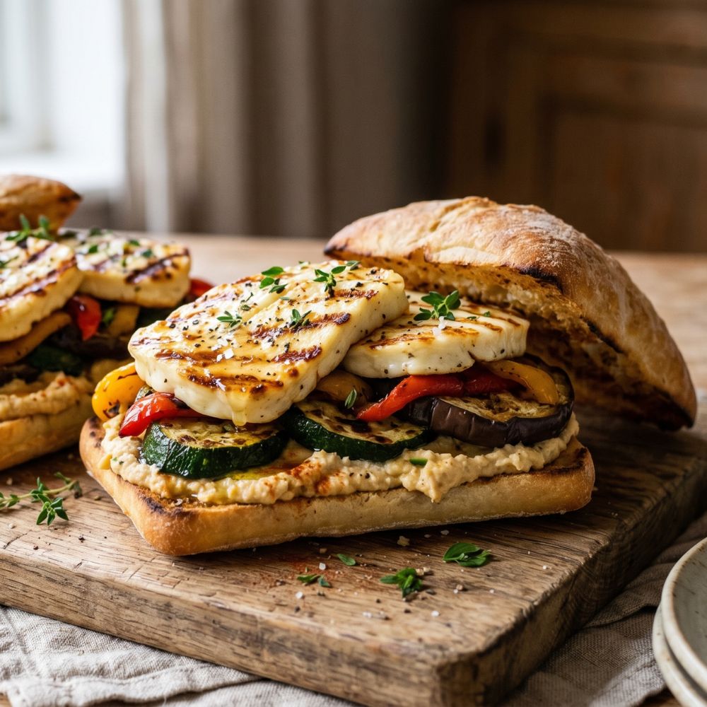 Sandwich gourmand hummus et halloumi grillé
