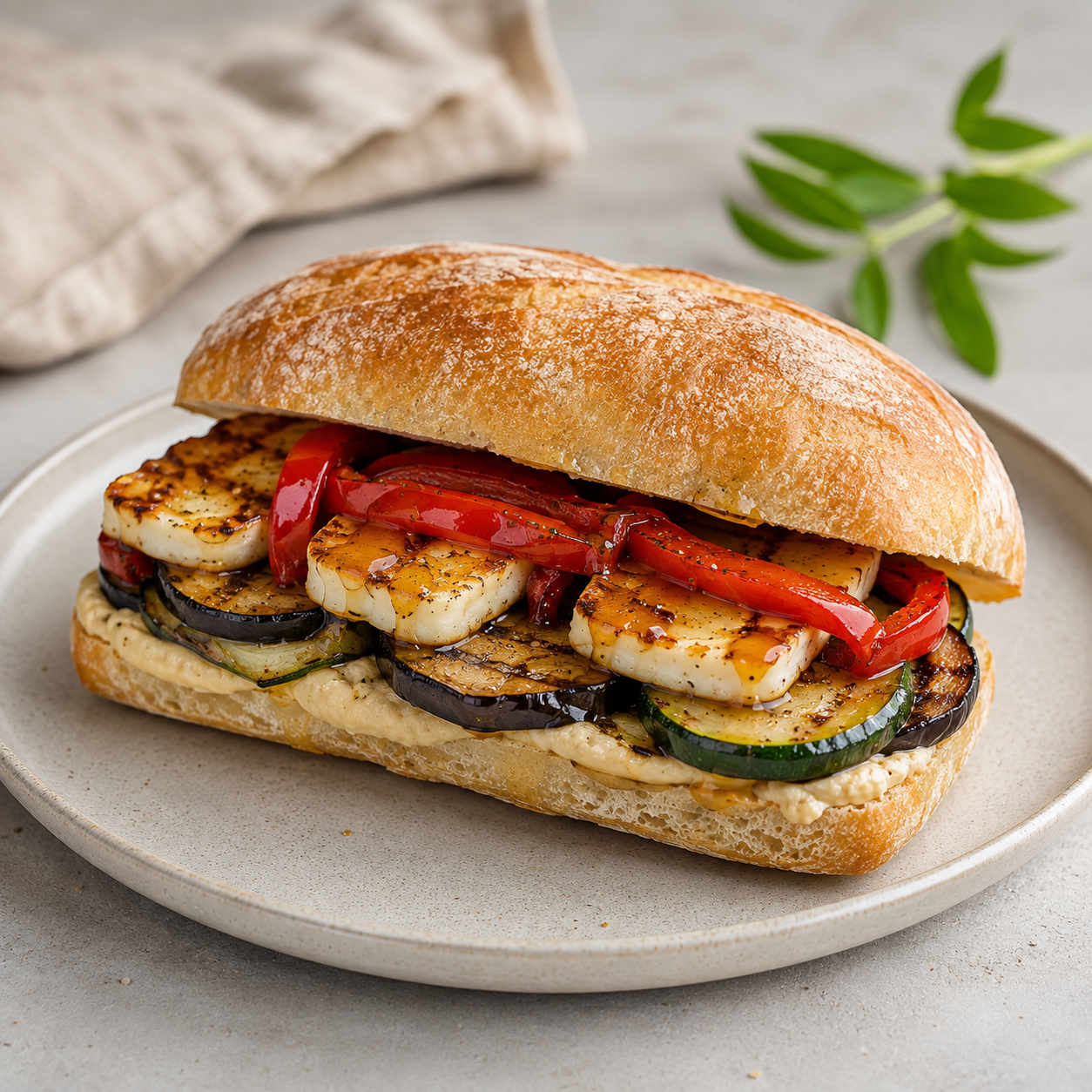Sandwich gourmand hummus et halloumi grillé