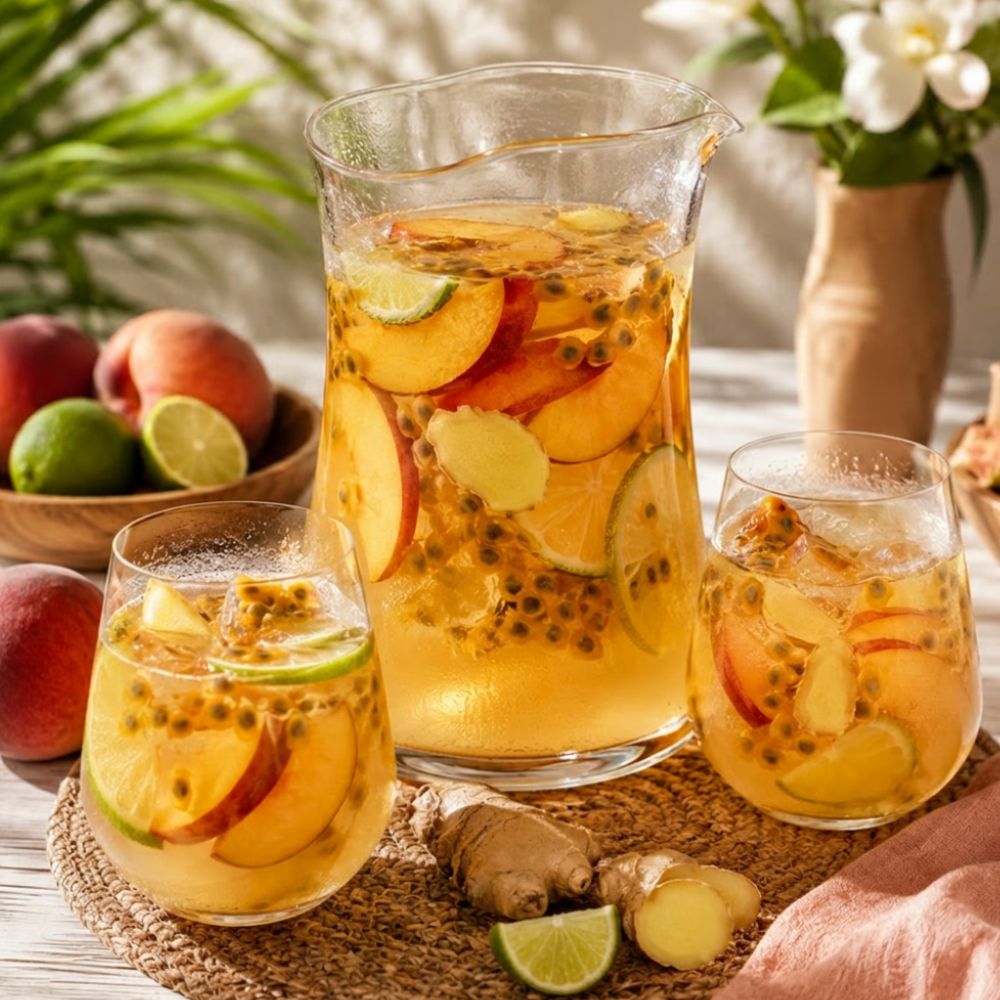 Sangria blanche aux pêches, fruit de la passion et gingembre