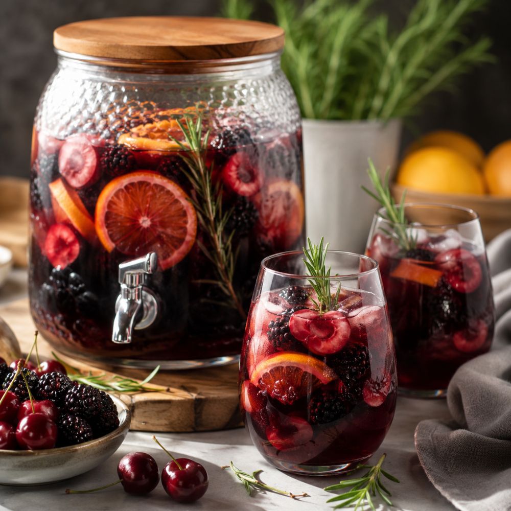 Sangria rouge aux cerises, mûres et romarin