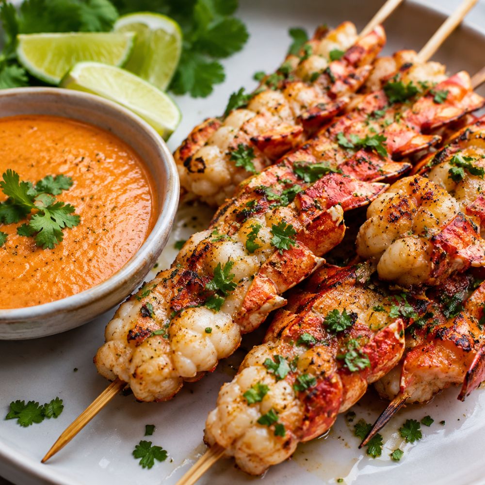 Satay de homard, lime et coriandre
