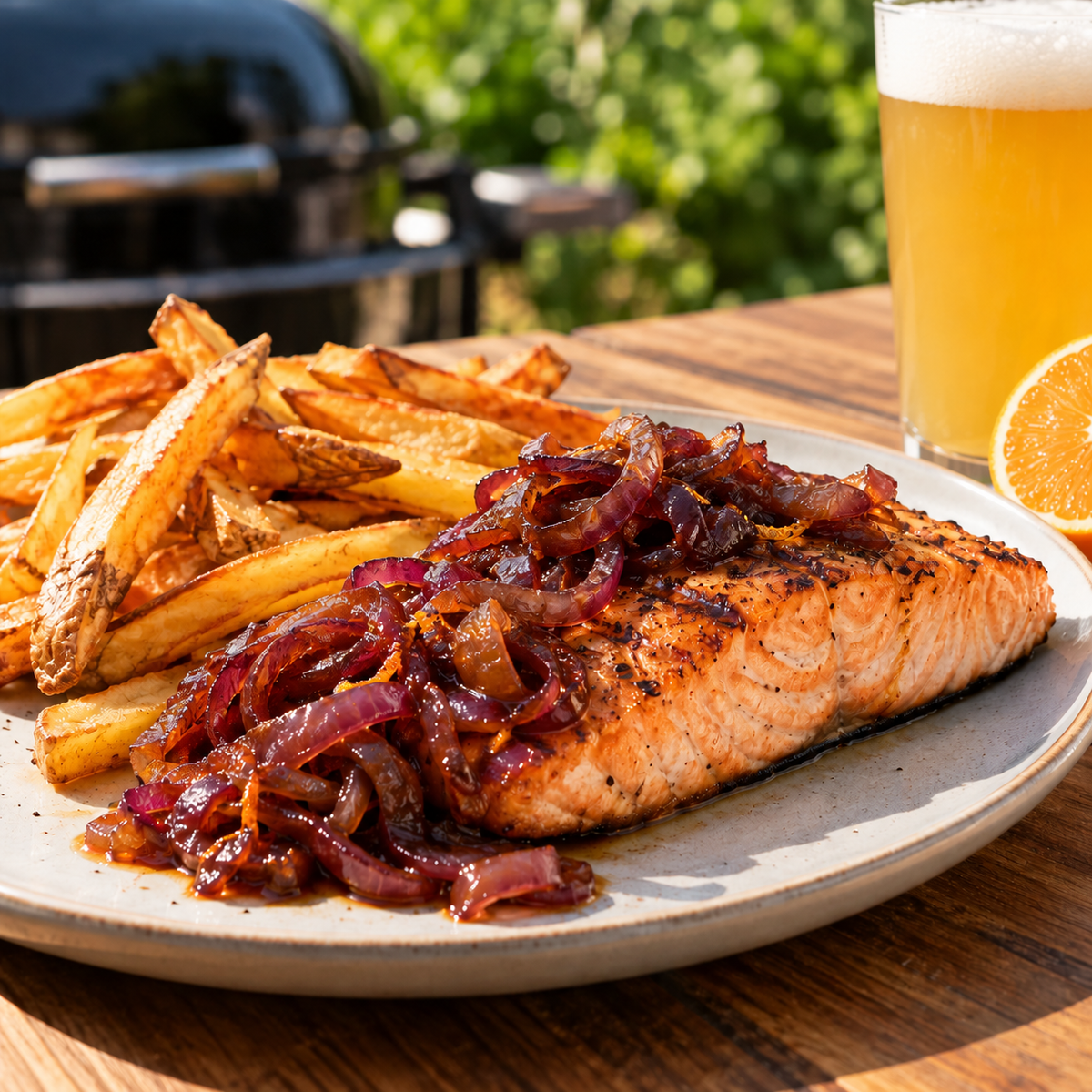 Saumon grillé et oignons compotés à la hoegaarden