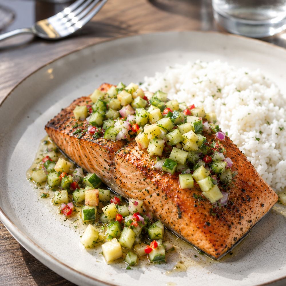 Saumon grillé salsa de miel et concombre