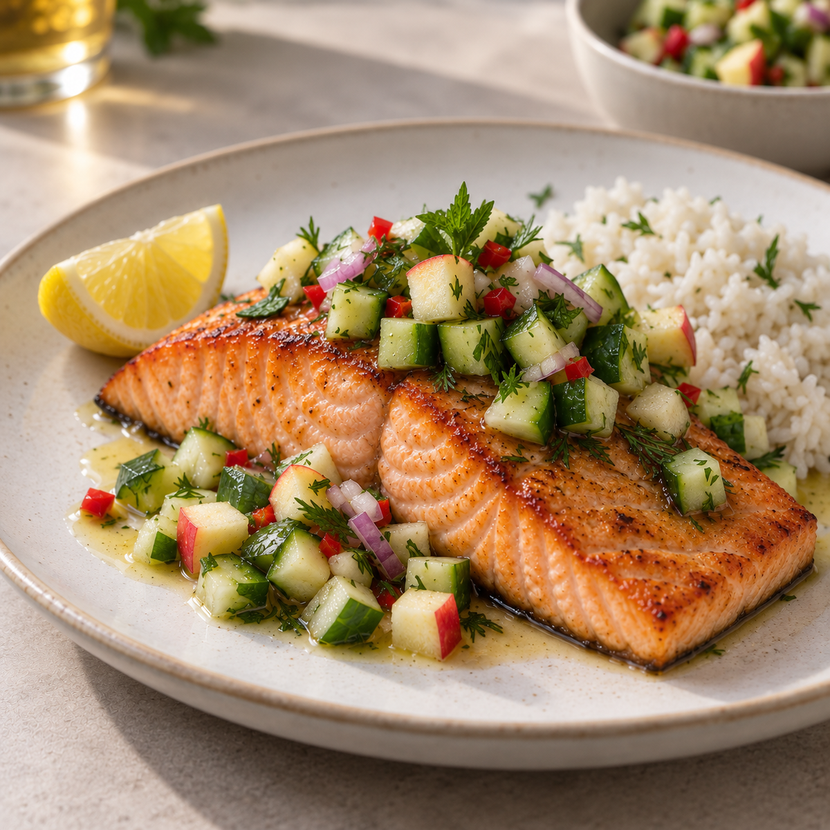 Saumon grillé salsa de miel et concombre