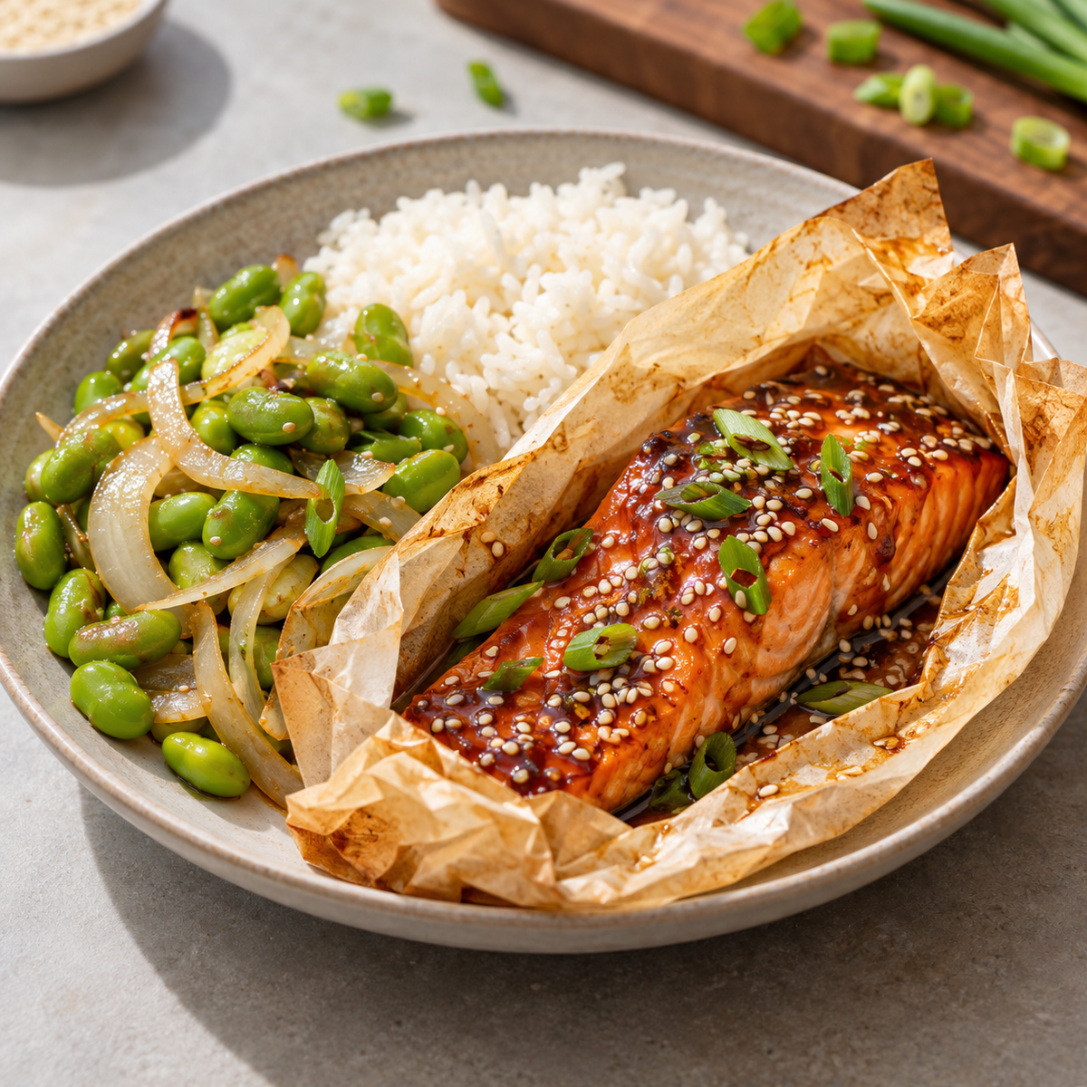 Saumon teriyaki aux légumes verts