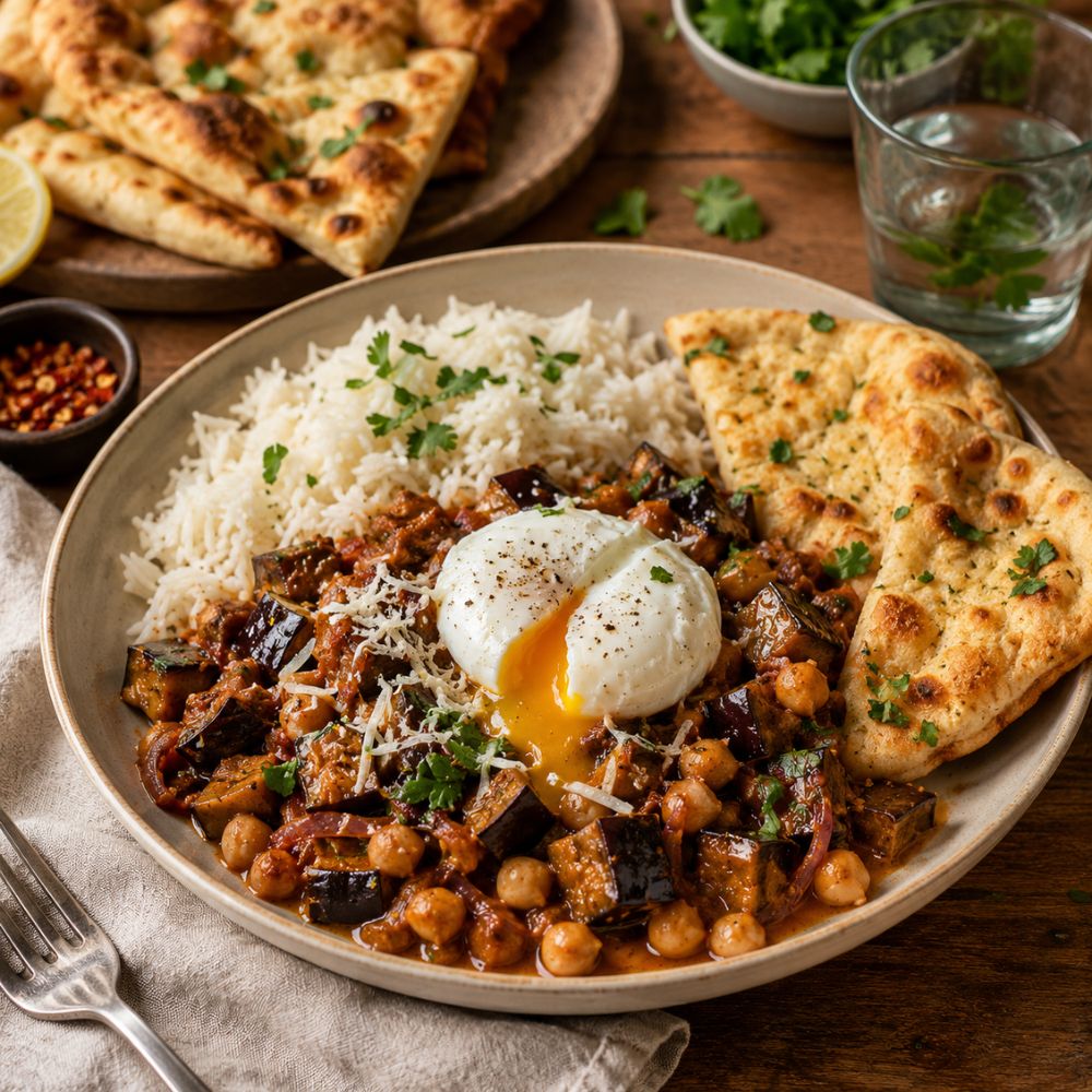 Sauté d'aubergine et pois chiches à l'indienne