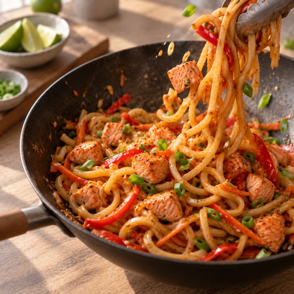 Sauté de nouilles au saumon épicé