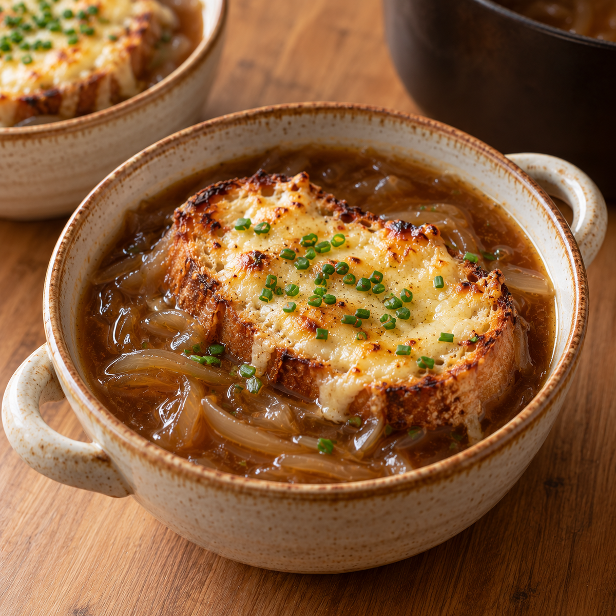 Soupe à l’oignon au sirop d’érable, tartine de fromage gratiné