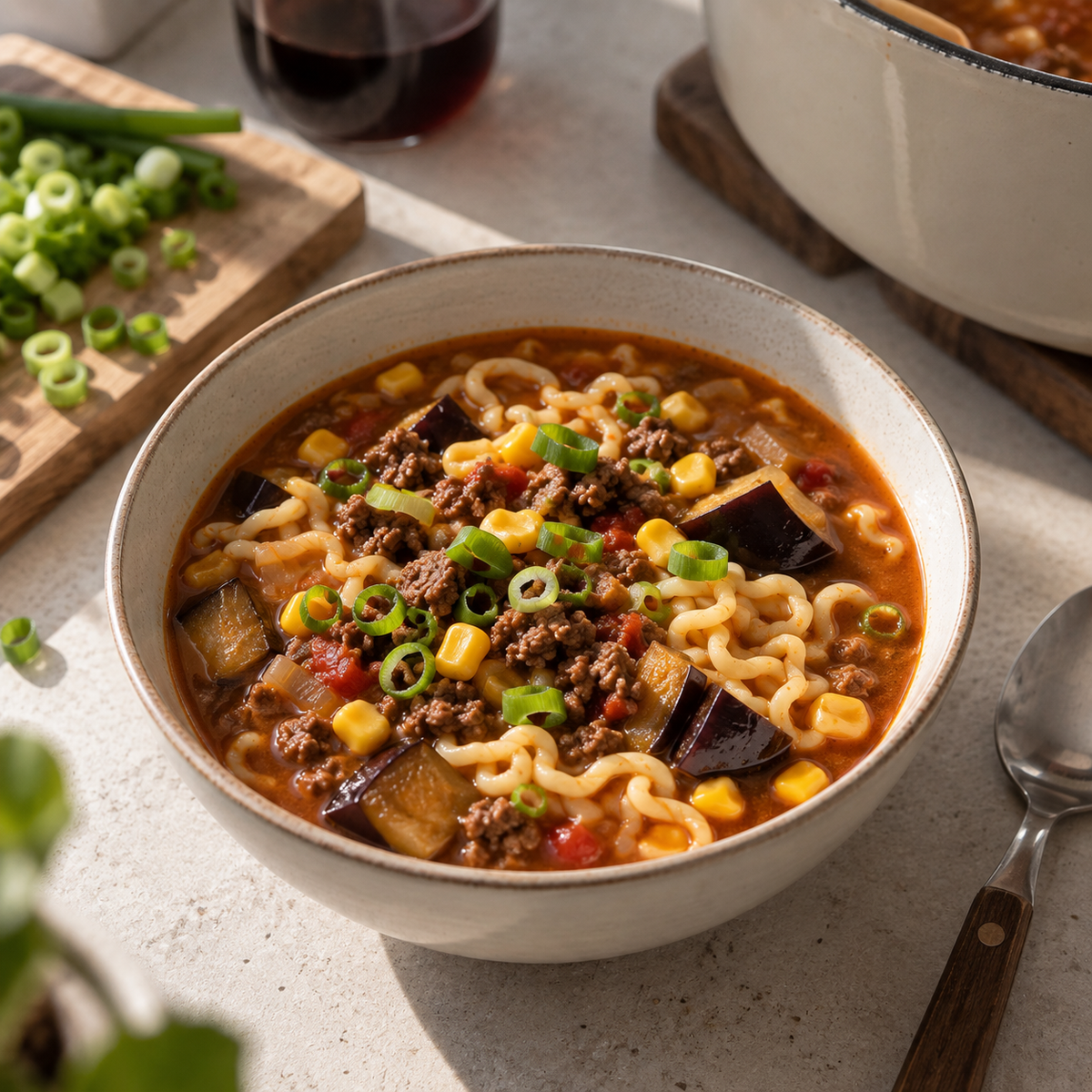 Soupe au bœuf haché et nouilles