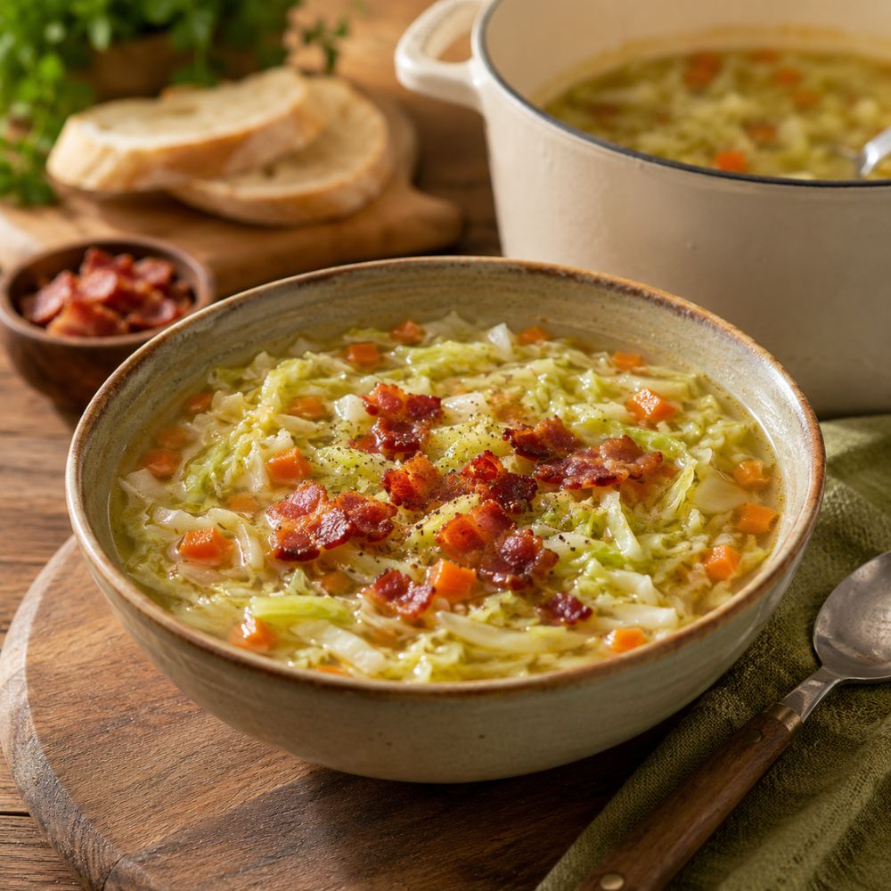 Soupe au chou et bacon croustillant