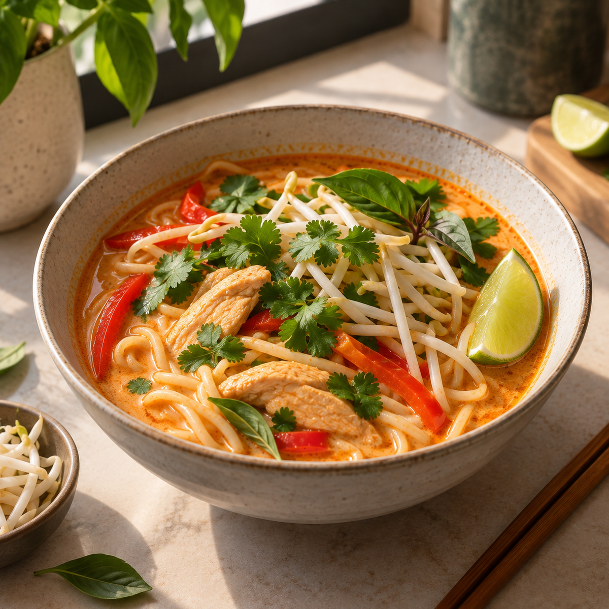 Soupe au poulet, lait de coco et nouilles