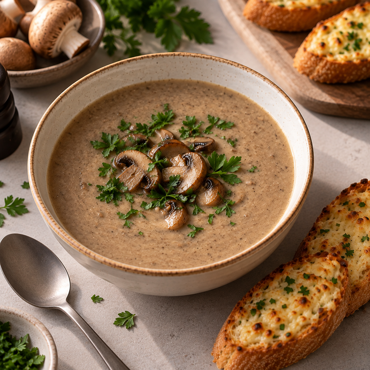 Soupe de champignon et baguette gratinée