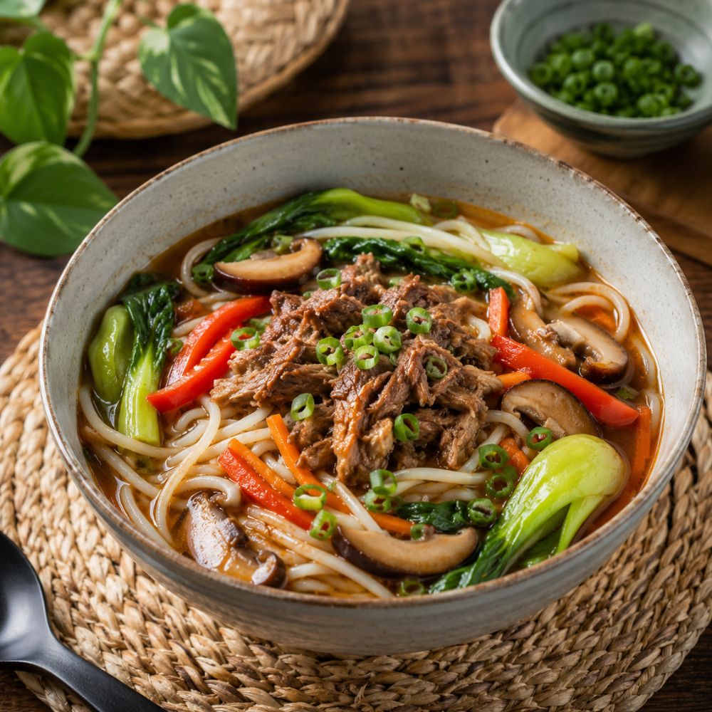 Soupe de nouilles au mijoté de porc asiatique