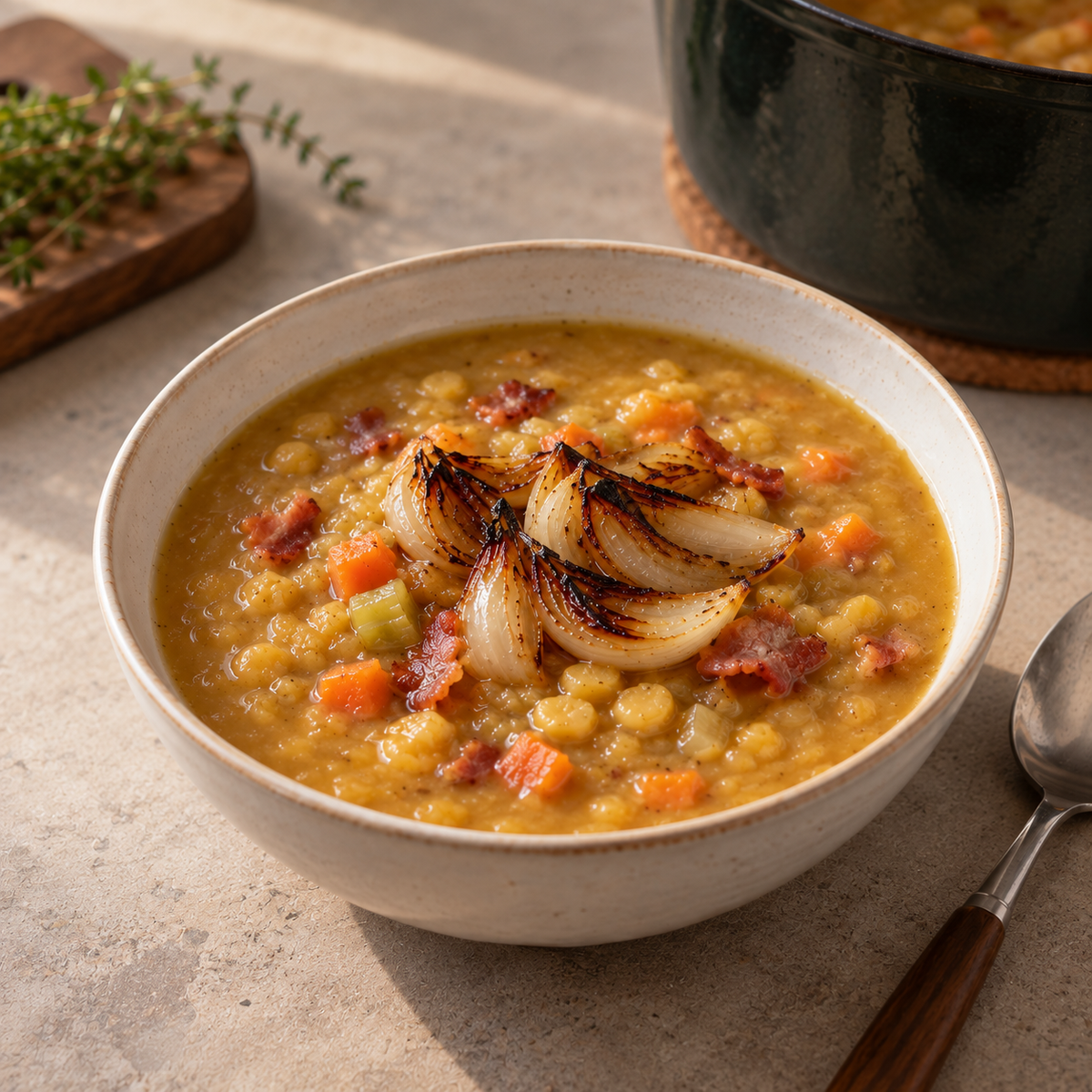 Soupe de pois jaunes et oignon grillé