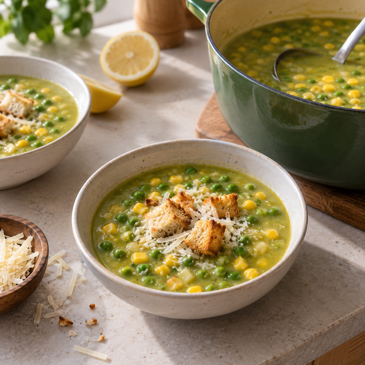 Soupe de pois verts et maïs
