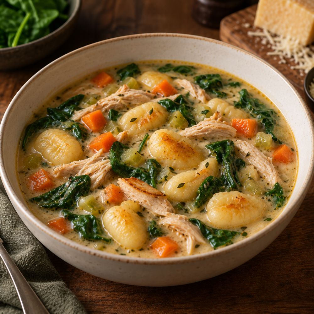 Soupe poulet rôti, gnocchis & épinards
