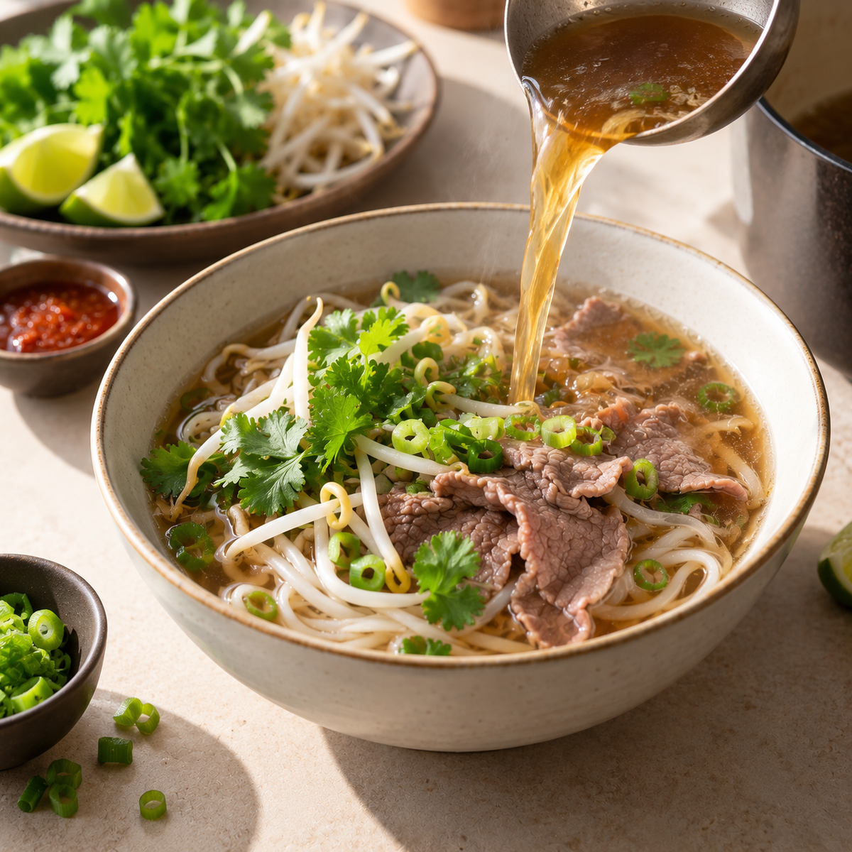 Soupe repas au bouillon asiatique et fines tranches de bœuf