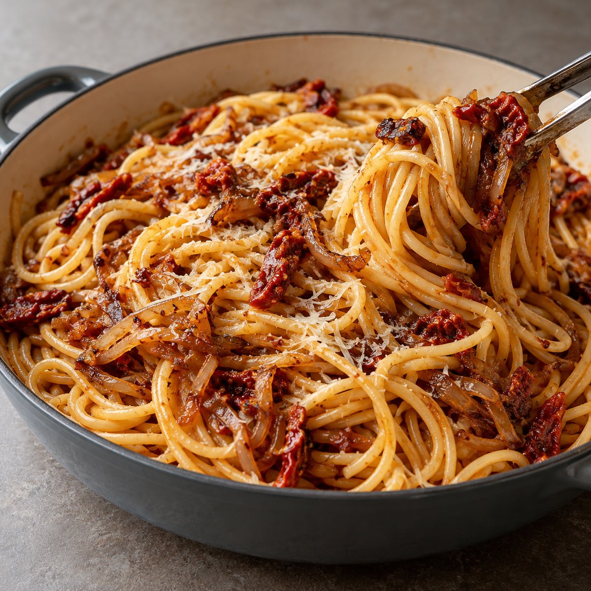 Spaghetti aux oignons caramélisés