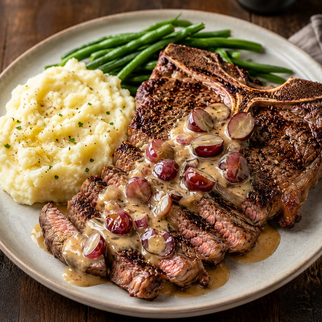 T-Bone/Wing Steak, sauce crémeuse aux raisins rouges
