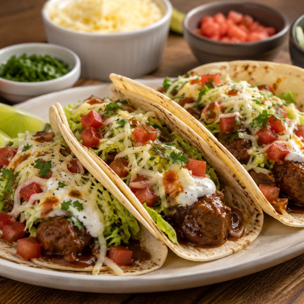 Tacos aux boulettes de porc sauce hamburger steak et fromage râpé