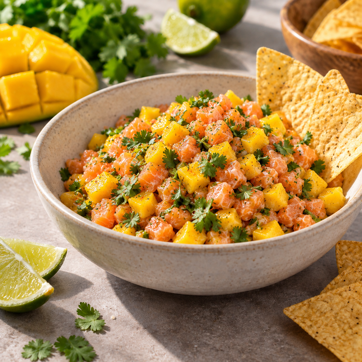 Tartare de duo de saumon à la mangue et coriandre