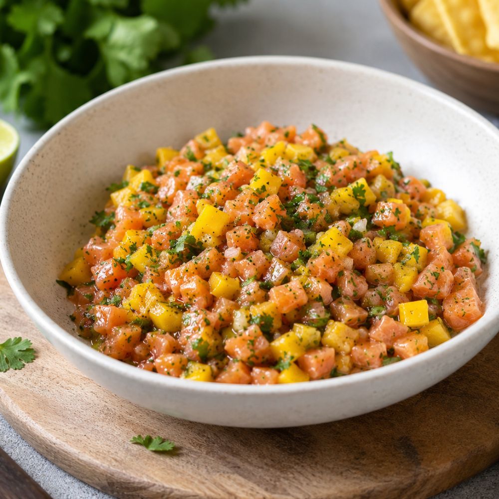 Tartare de duo de saumon à la mangue et coriandre