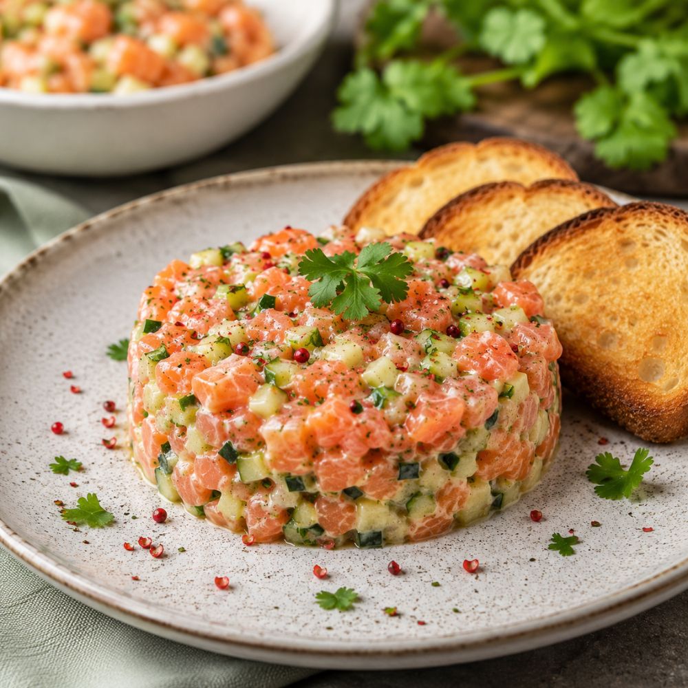 Tartare de duo de saumon à la pomme verte et concombre